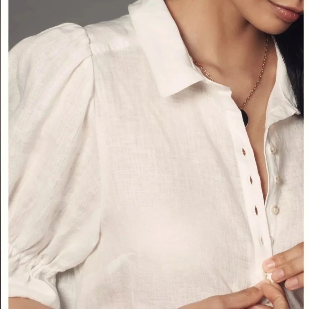 Pilcro by Anthropologie The Tallulah Linen Double Puff-Sleeve Blouse White Sz XS